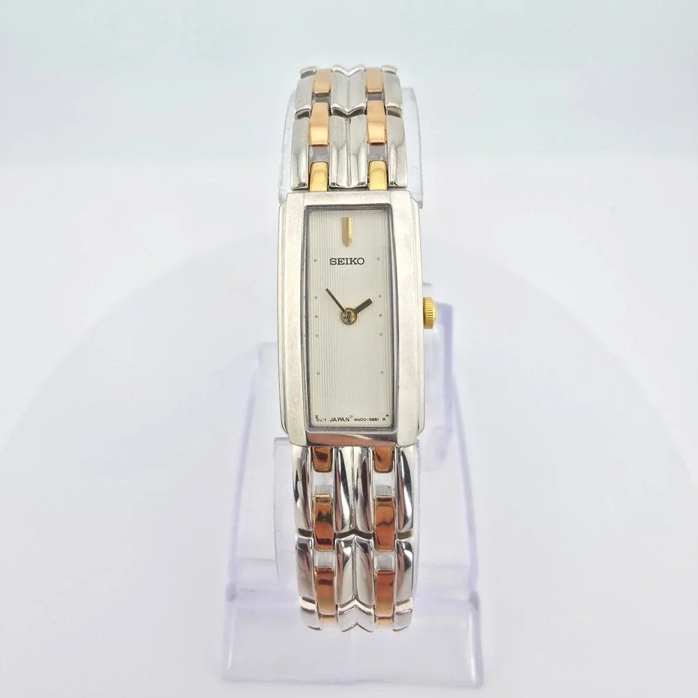 Vtg SEIKO Ladies Watch 4N00-7089 White Rectangle Dial Silver Gold Plate 7.25